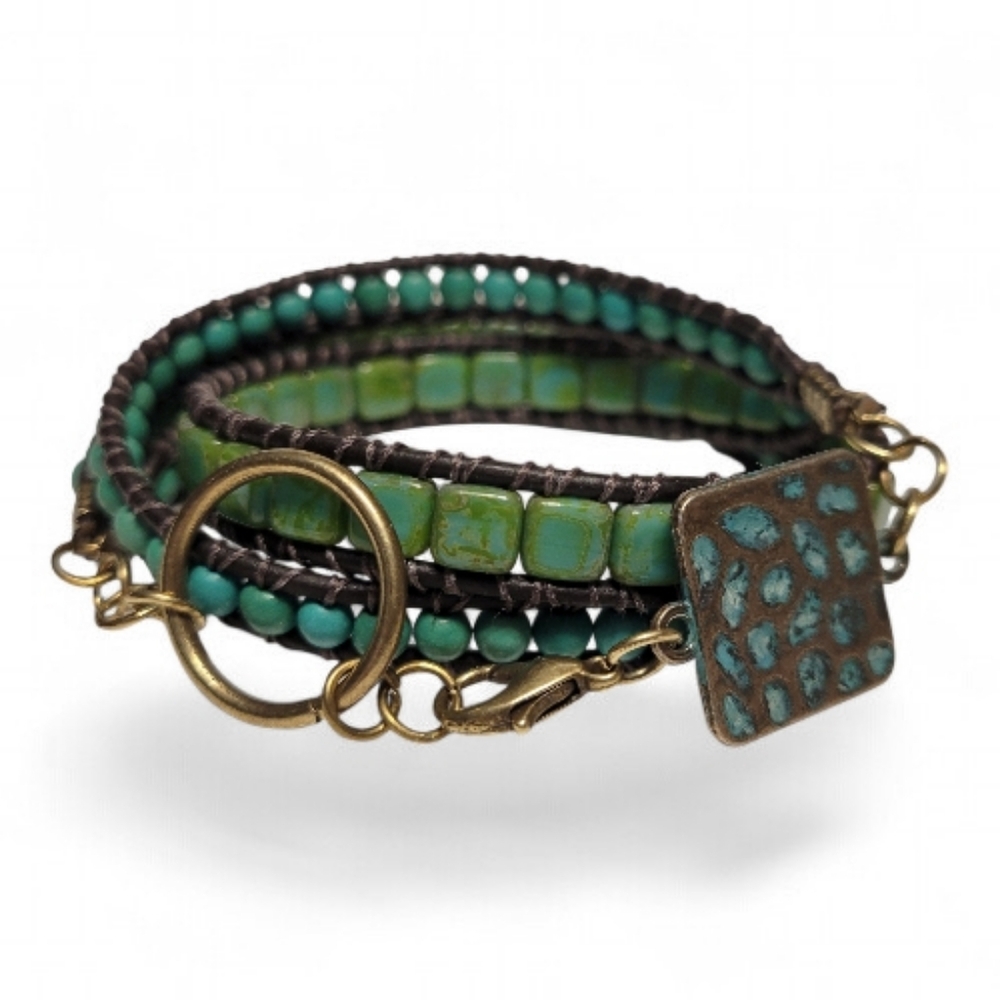 Turquoise Howlite and Tila Bead Leather Wrap Bracelet. Adjustable